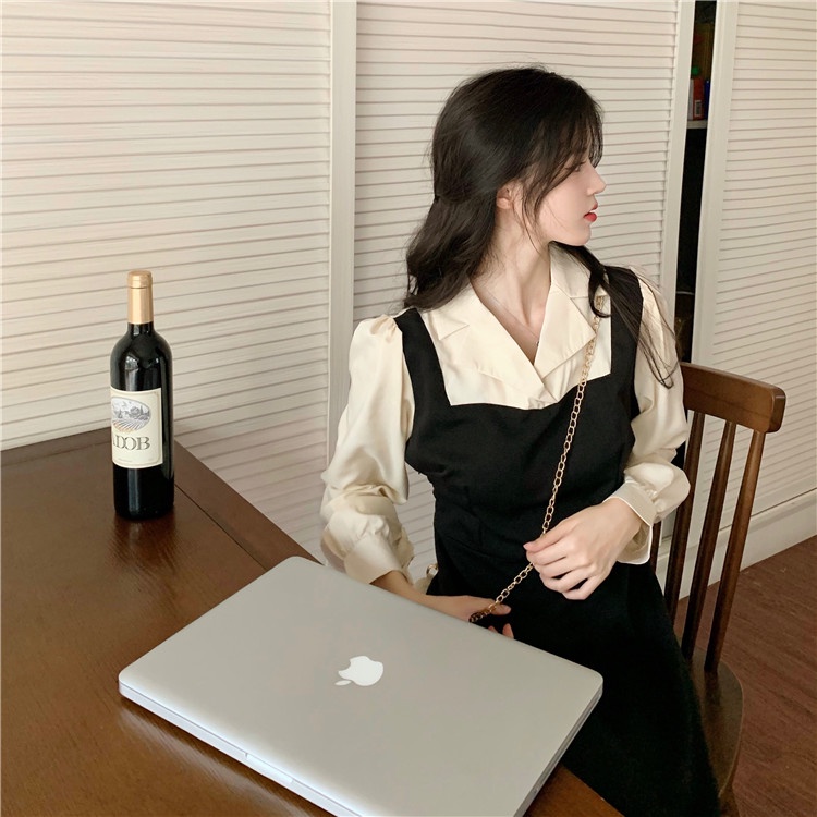 Đầm Chữ A Tay Dài Màu Sắc Tương Phản Phong Cách Hàn Quốc Dành Cho Nữ