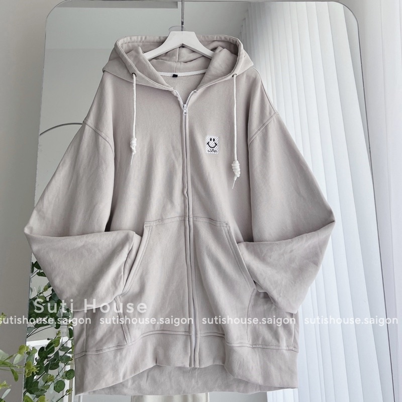 [ẢNH THẬT-CÓ SẴN] Áo Hoodie Zip Thêu icon Unisex Màu Tan Ghi và Tan Be Tay Bồng Form Rộng - Suti House | BigBuy360 - bigbuy360.vn