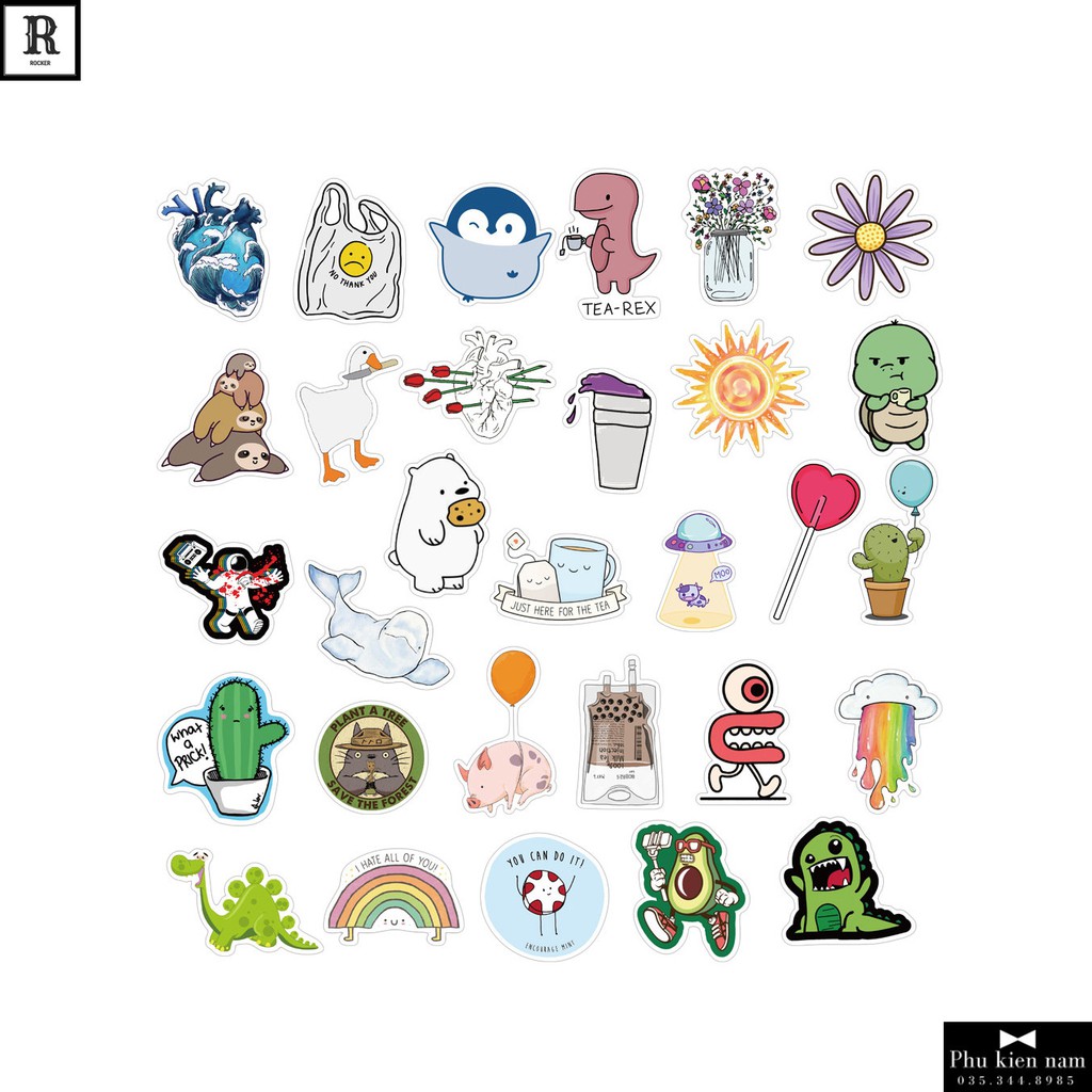 Sticker PVC Hoạt Hình Dễ Thương Cute Cả bộ 75 hình ST090