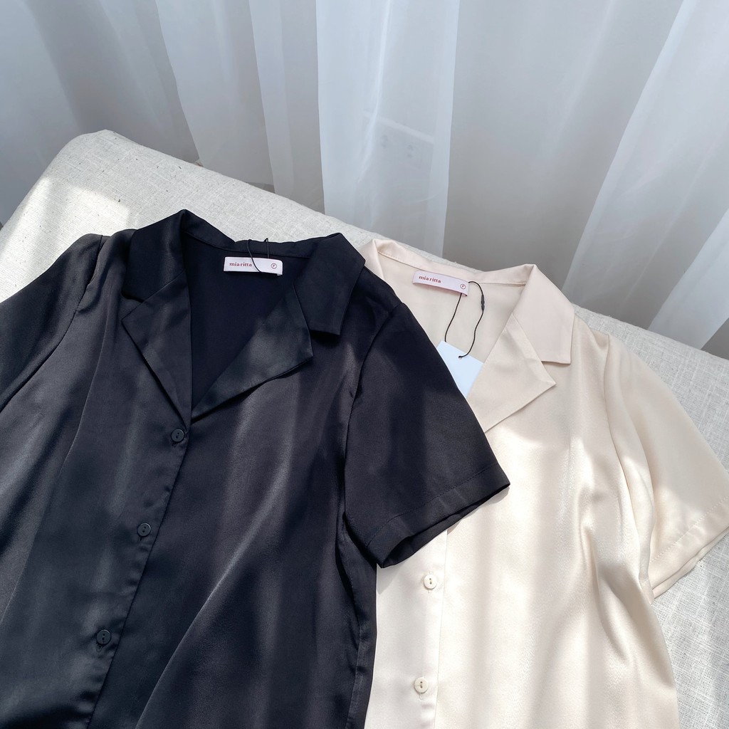 Áo sơ mi lụa khuy trước cổ vest pyjama dáng ngắn cộc tay Mia Ritta A2084 ảnh thật feedback