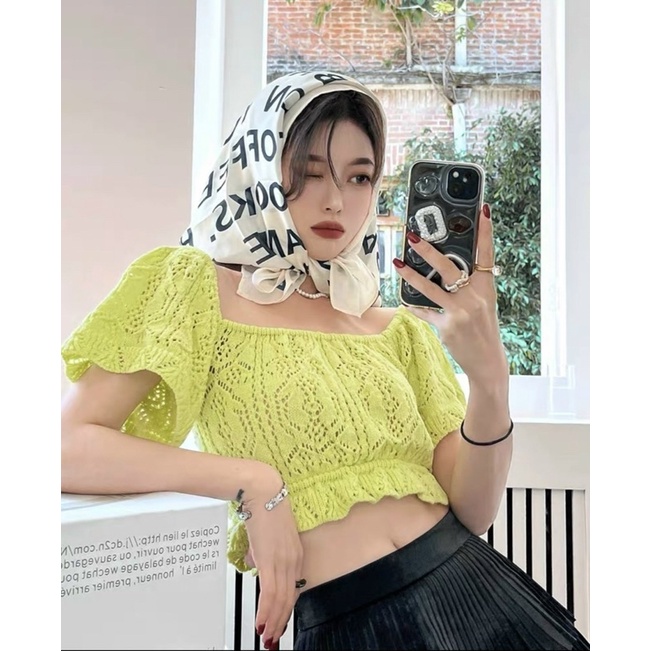 Áo len mỏng cổ vuông croptop bo chun, Áo kiểu dáng ngắn tay bồng AL1380 - NhiNhi Shop