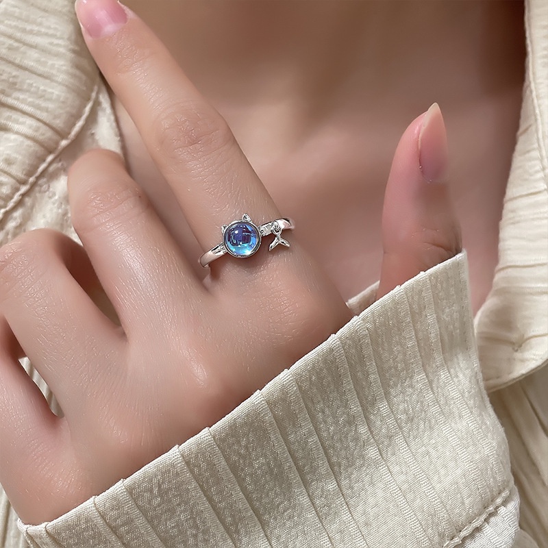 Nhẫn có thể điều chỉnh Nhẫn thời trang mèo dễ thương Nhẫn nữ mặt trăng Hàn Quốc