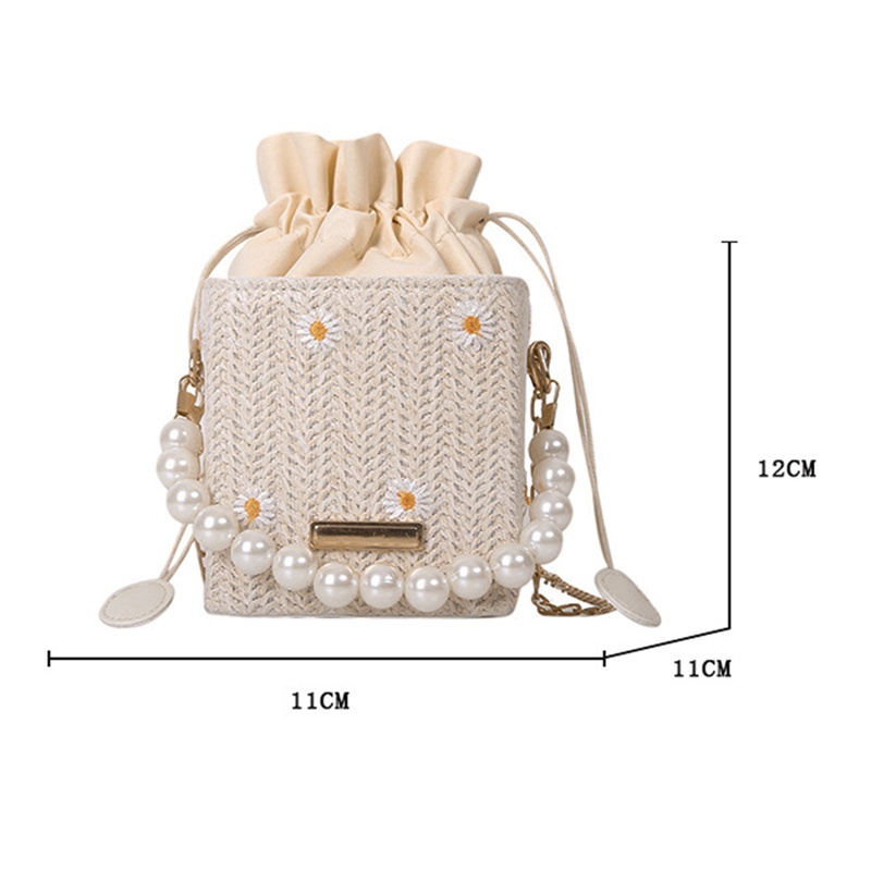 Túi cói Đan Lát Hình Tròn Đính Ngọc Trai Giả Thời Trang