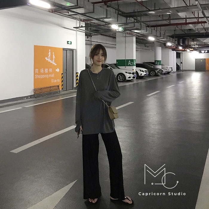 Áo thun dài tay kiểu mỏng mùa thu màu xám đơn giản phong cách Ulzzang Hàn Quốc