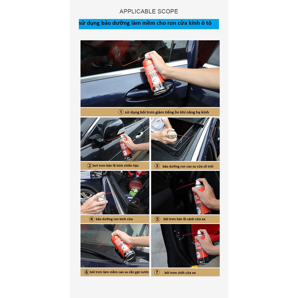 Chai xịt bảo dưỡng gioăng cao su kính ô tô, xe tải, gioăng cao su cửa kính, gioăng cửa sổ trời,bôi trơn khe kẽ