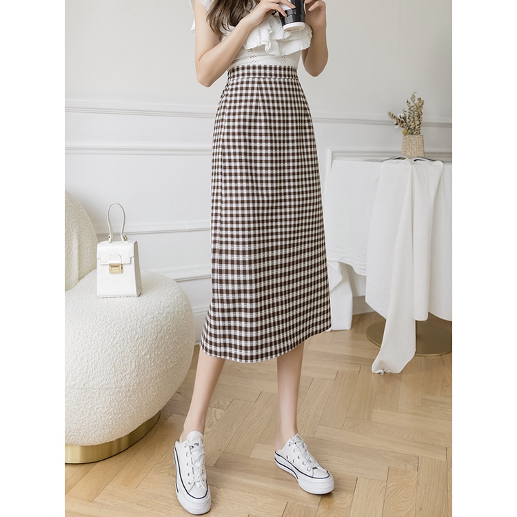 Chân váy kẻ caro Midi cạp cao, chân váy chữ A dài xẻ tà phía sau sogeum.store