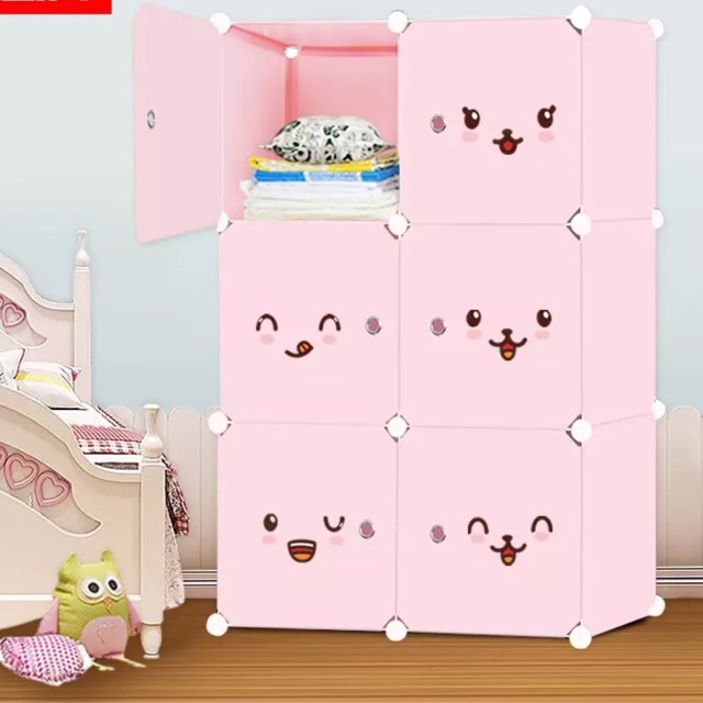 Tủ nhựa quần áo lắp ghép 6 ô sâu 47cm. Tặng 1 treo đồ. Thân hồng cửa hình mặt cười.