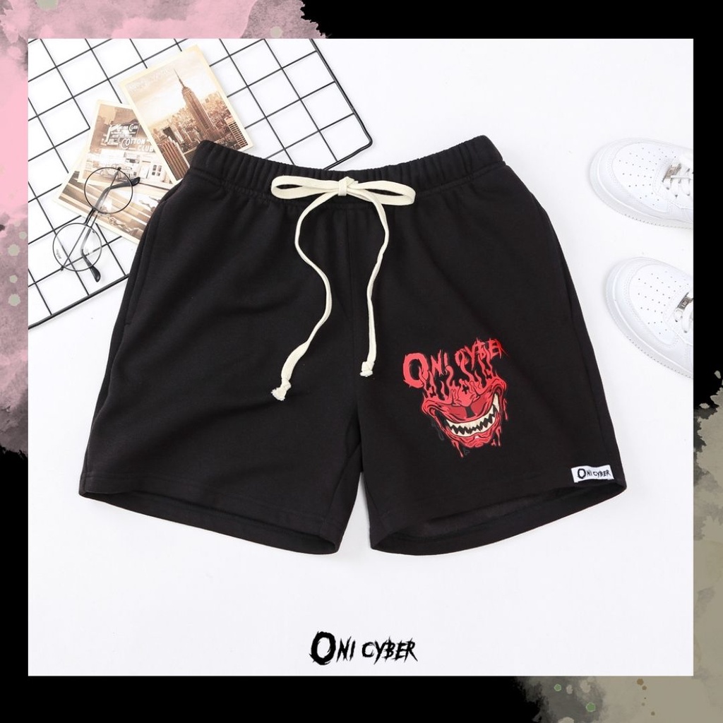 Quần đùi ống rộng hiphop ONI CYBER chất đẹp, quần short nỉ Unisex nam nữ bassic 2 màu đen và màu be in logo QONI03