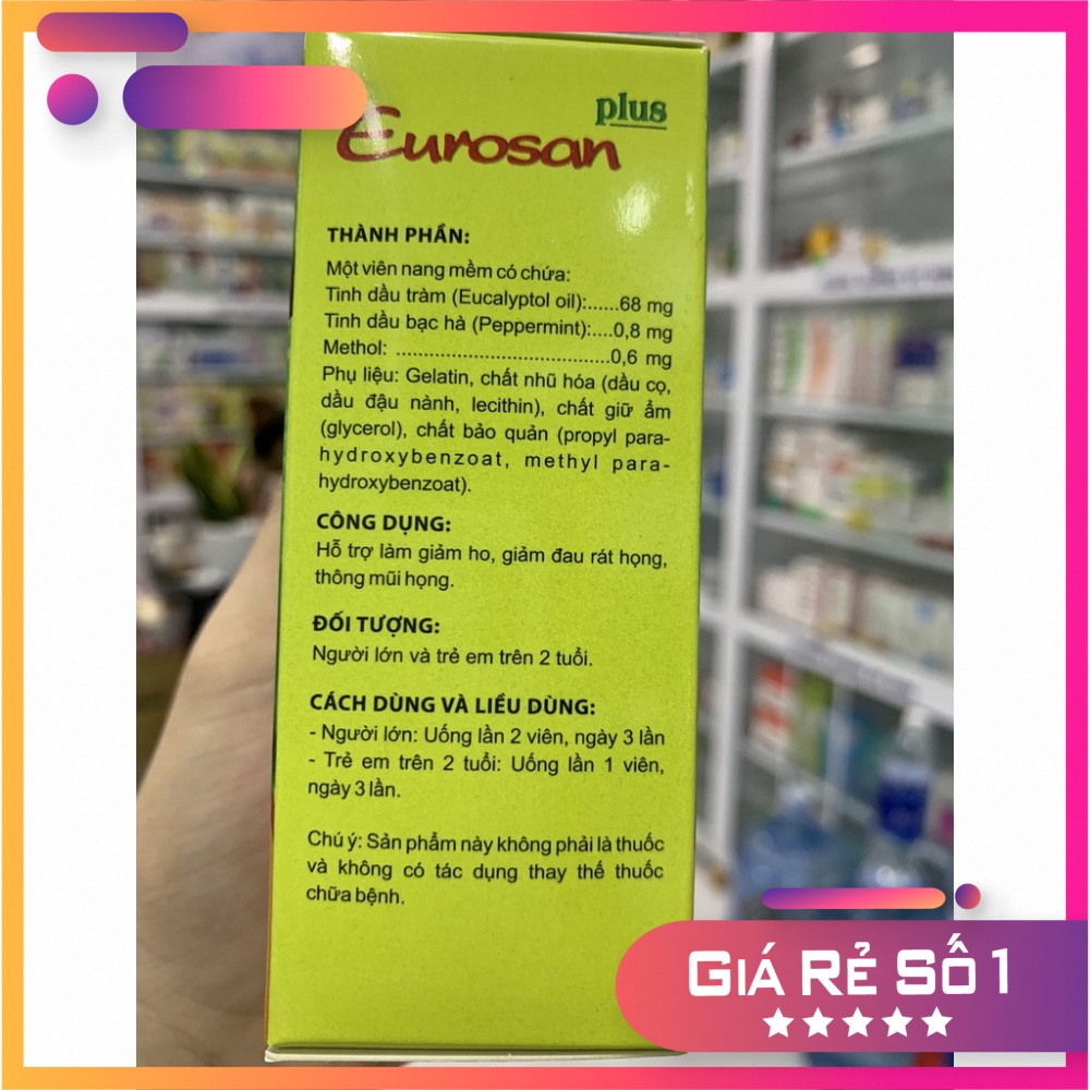 Ho dầu EUROSAN PLUS Hộp 100 viên - Giảm ho, Bổ Phổi, Ấm Họng, Giảm Đau Rát Họng, Có giấy An toàn thực phẩm, Nhà thuốc
