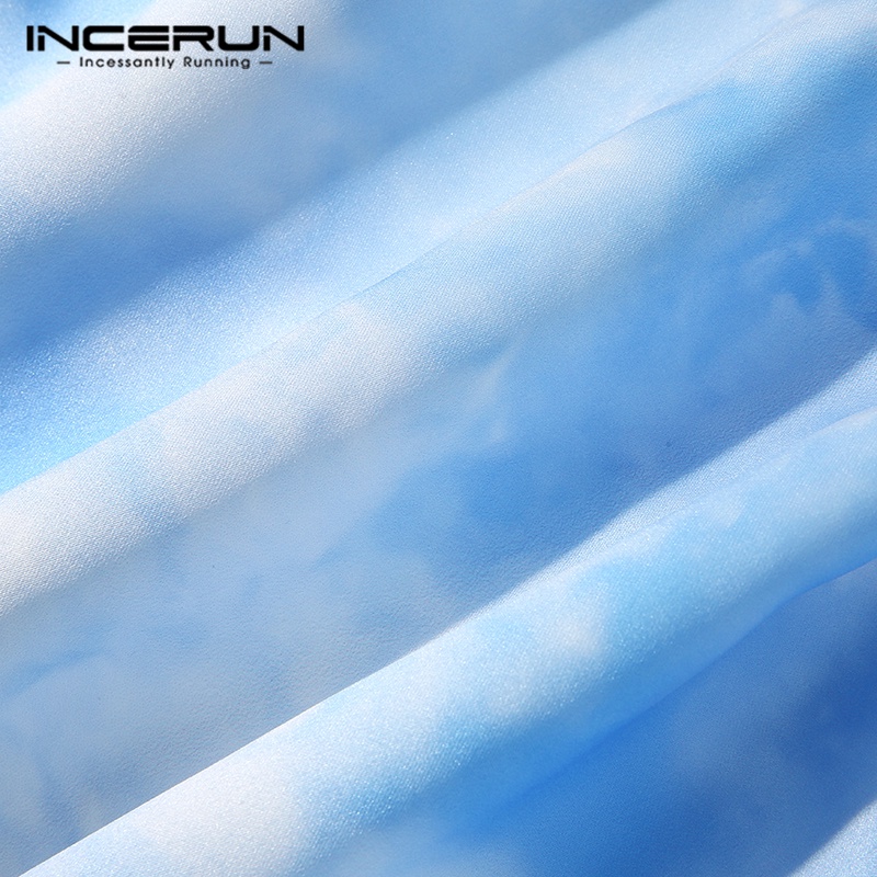 Áo sơ mi croptop INCERUN tay dài màu xanh nhuộm thời trang cho nam