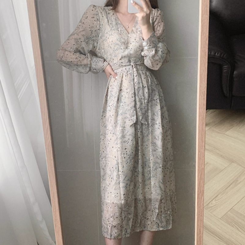 Đầm Chiffon Dài Tay Cổ Chữ V In Hoa Chất Lượng Cao Cho Nữ