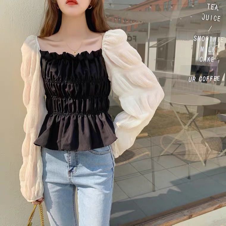 [ Mã 12FASHIONSALE1 giảm 10K đơn 50K ] Korean women color blouse shoulder bubble sleeve