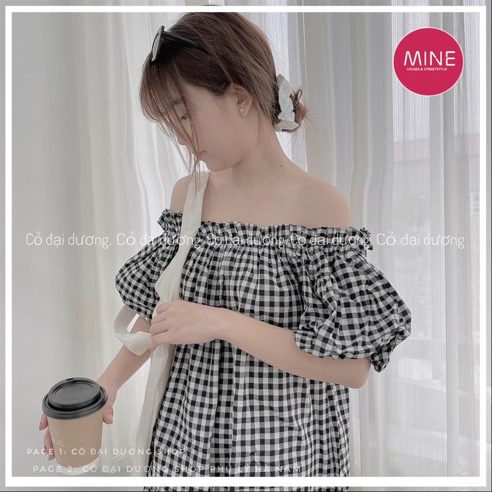 Đầm Caro Nữ Trễ Vai Bèo Vai Dáng Suông - Váy Nữ Dài Tay Bồng Hở Vai Q097 MSP37097 MSP66558