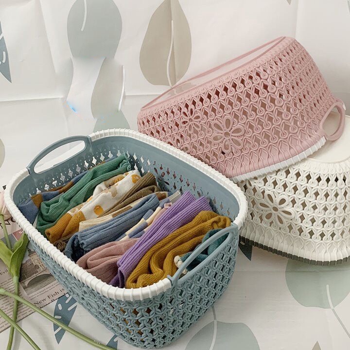 Rổ nhựa giả đan mây có quai cầm Việt Nhật, giỏ hoa 2 size màu pastel xinh xắn TTS 3377