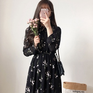 Đầm voan tay dài màu đen in họa tiết hoa phong cách retro Hàn Quốc