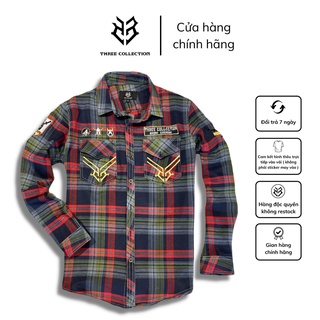 Áo sơ mi nam tay dài THREE COLLECTION kiểu sọc caro xanh đỏ chất kaki dày dặn hoạ tiết thêu logo chiến binh la mã S2459