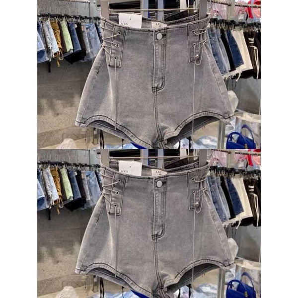 Quần sóc jeans đan dây sườn gấu sóng