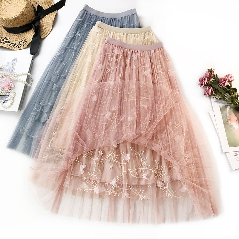 Váy xòe dáng dài 3 lớp dễ thương đính hoa nổi VAY84 free size