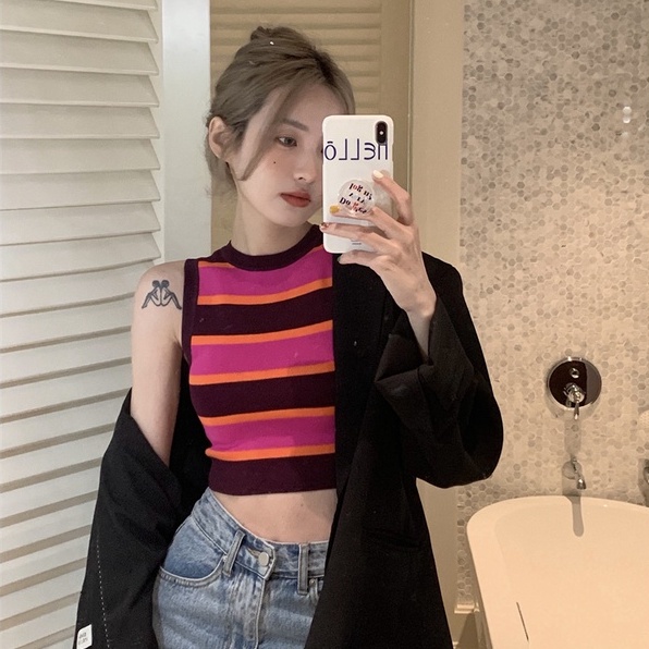 Áo sát nách ZHELIHANGFEI dệt kim họa tiết kẻ sọc ngang phong cách quyến rũ cho nữ