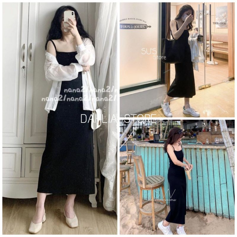 Đầm Hai Dây Thun Midi form suông Nữ [FREESHIP]  Váy 2s midi dáng dài, bánh bèo tiểu thư mặc đi biển ulzzang HOT