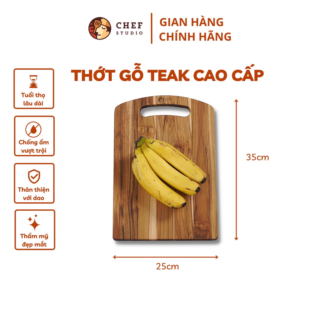 Thớt gỗ Teak Chef Studio cao cấp hình chữ nhật bo đầu oval, có tay nắm, dùng cho cắt thái và trang trí