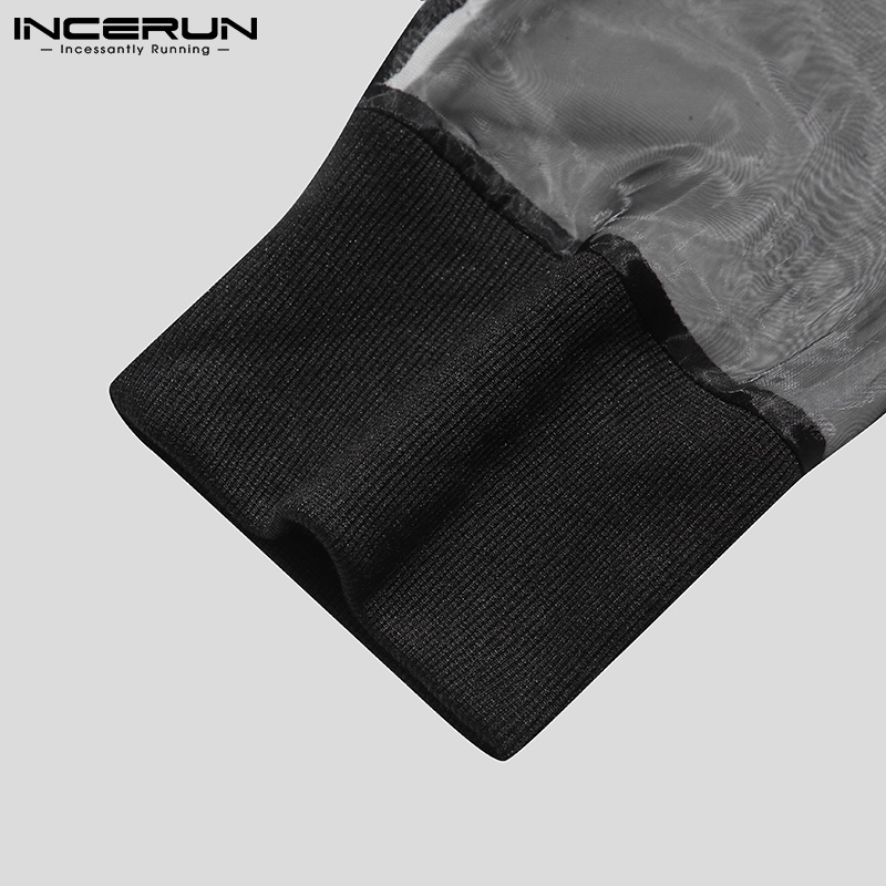 Áo croptop INCERUN tay dài cổ tròn phối lưới xuyên thấu cho nam