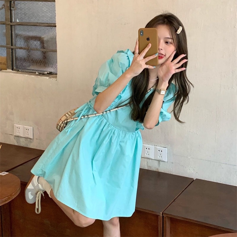 Đầm Mỏng Mùa Hè Tay Phồng Viền Màu Trơn Kiểu Pháp Mới Cho Nữ