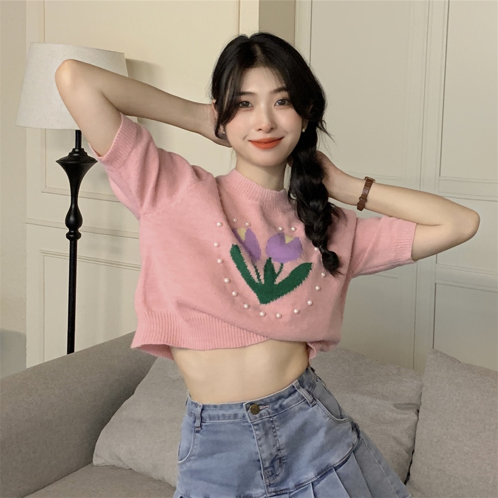 Áo thun dệt kim ZHELIHANGFEI tay ngắn dáng rộng hợp thời trang dễ phối đồ