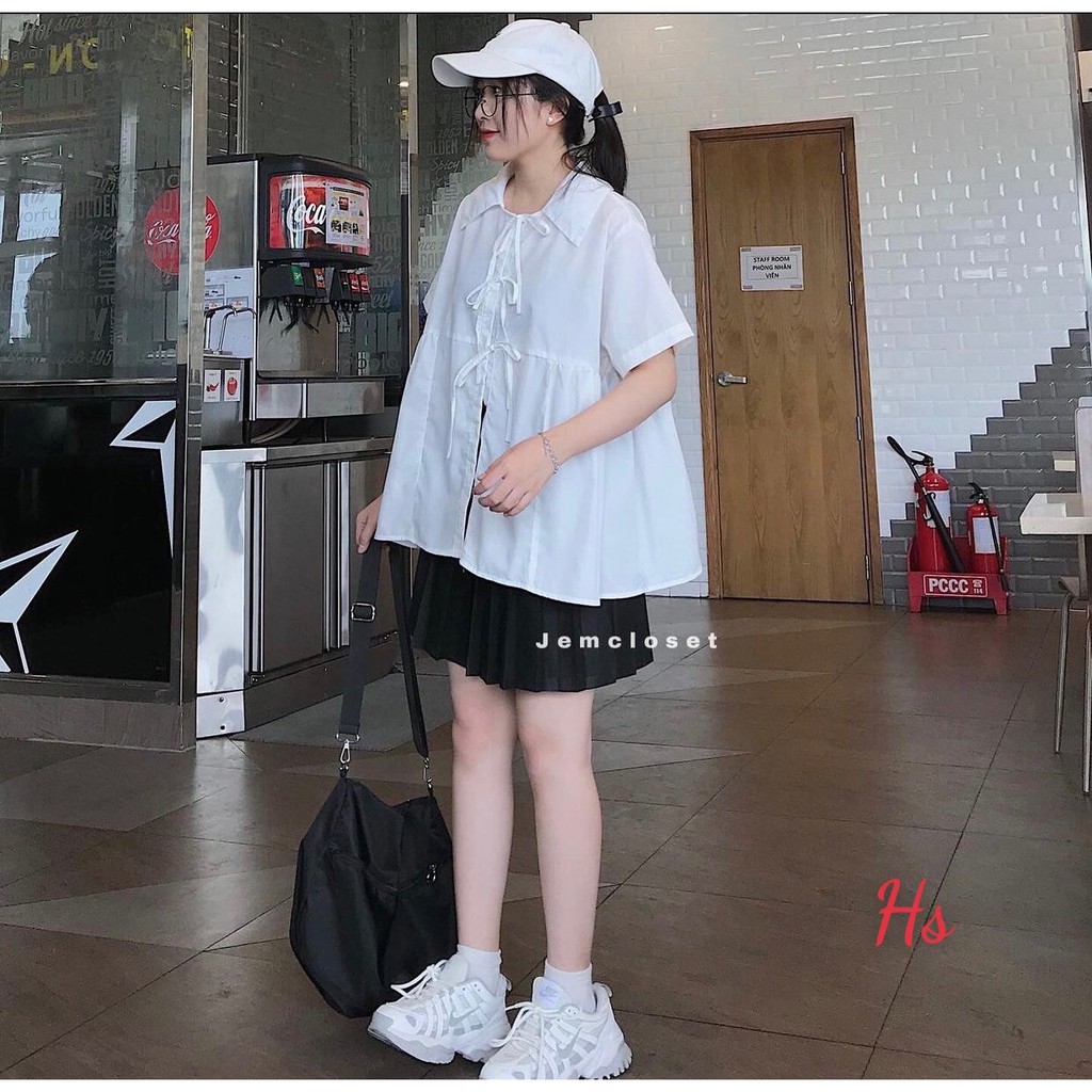 Áo babydoll buộc dây cổ bẻ chất liệu : thô