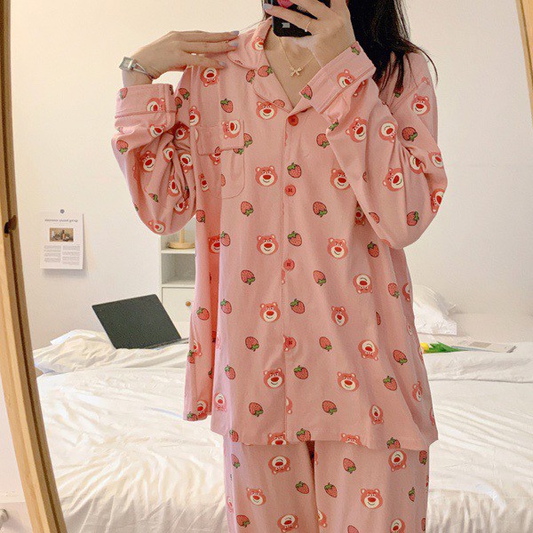 Bộ ngủ pijama dài tay thu đông mặt gấu siêu xinh