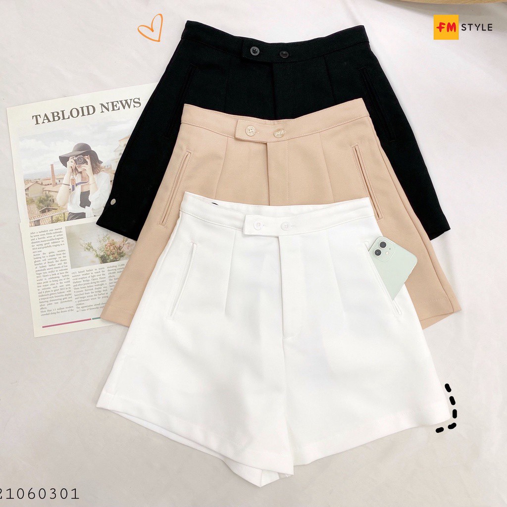 Quần short kaki FM Style  quần đùi nữ ngố lưng cao ống rộng 3 màu trắng be đen siêu xinh 210702061