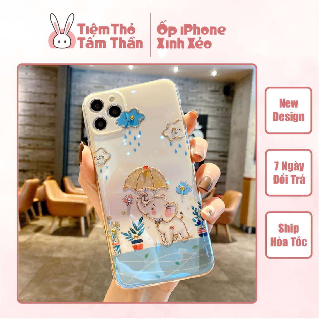 Ốp Lưng Iphone Voi Che Mưa Mặt Kính 3D Cạnh Vuông Bảo Vệ Cam Iphone 7/7plus/8/8plus/x/xs/11/11pro/11prm/12/12pro/12prm