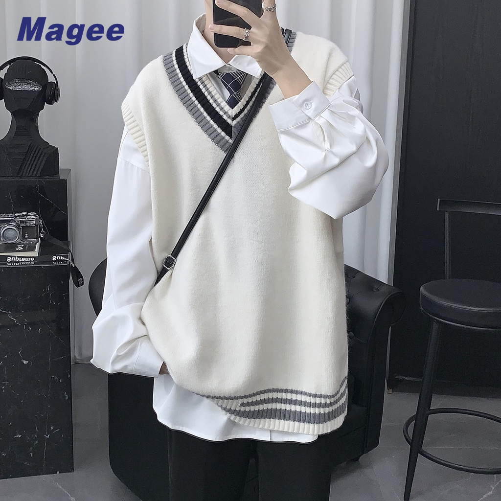 Áo Sweater Dệt Kim Không Tay Cổ Chữ V Dáng Rộng Phong Cách Hàn Quốc Thời Trang Xuân Thu Cho Nam Giới