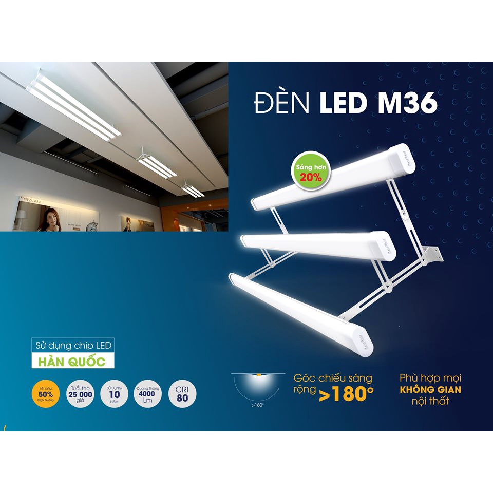 Đèn TUÝP LED bán nguyệt Rạng Đông M36 dài 0.6m và 1.2m, ánh sáng trắng, sáng hơn 20%, góc chiếu sáng rộng lên tới 180 độ