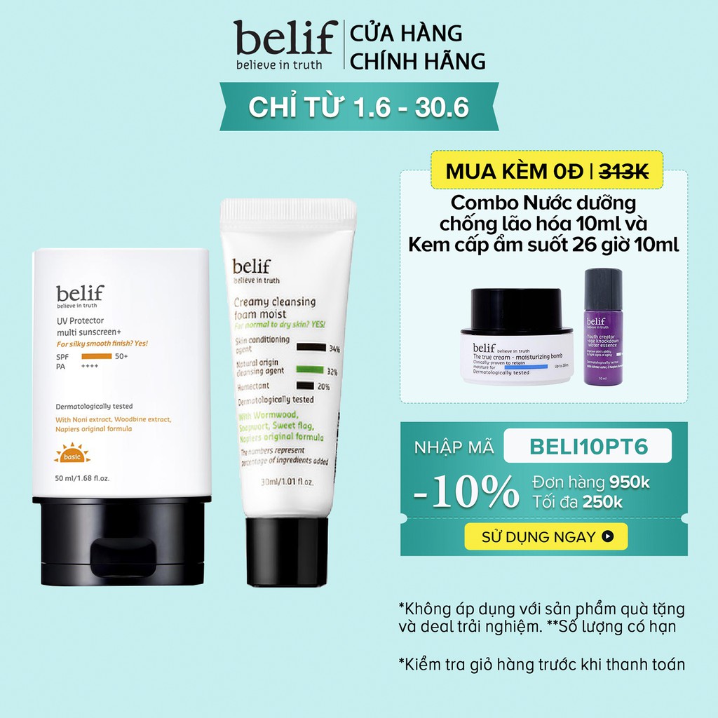 Combo chống nắng Belif UV protector Multi Sunscreen + sữa rửa mặt Creamy Cleansing Foam