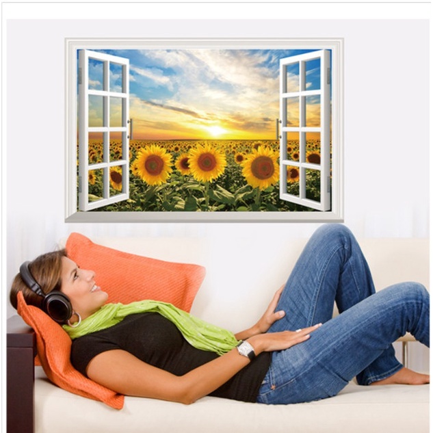 Decal dán tường 3D, tranh dán tường trang trí phòng hình cửa sổ đẹp, trang trí phòng khách, phòng ngủ 0996