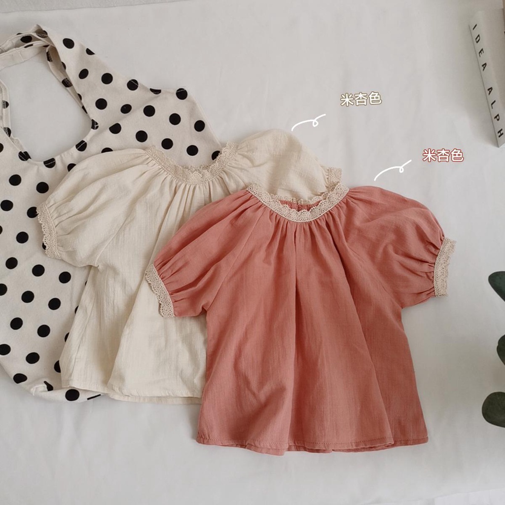 Áo Thun Cotton Lanh Mùa Hè Tay Phồng Phối Ren Phong Cách Hàn Quốc Nhật Bản Kích Thước 2022 Cho Bé Gái