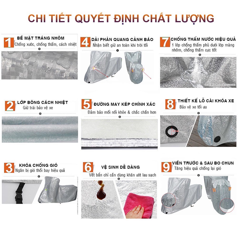 Bạt phủ xe máy phản quang chất lượng tốt, chống nắng mưa, bụi bẩn, vải dù pha nilon chống thấm tuyệt đối, áo trùm cả xe