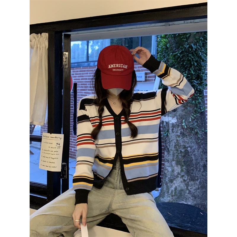 Áo khoác cardigan ZHELIHANGFEI dệt kim tay dài cổ chữ V lưng cao họa tiết kẻ sọc cầu vồng thời trang