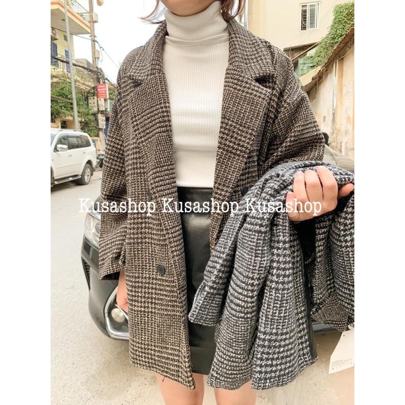 Áo khoác nữ dạ kẻ hai lớp dáng vừa 4 khuy Túi Đắp Ulzzang Hàn Quốc(Hình thật tự chụp/ sẵn)