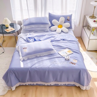 Bộ ga gối chăn trần phi lụa viền bèo 4 món