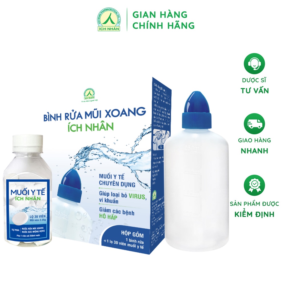 Bộ bình vệ sinh mũi họng Ích Nhân diệt khuẩn, giảm xoang -  Bình và 1 lọ muối y tế 30 viên BBR