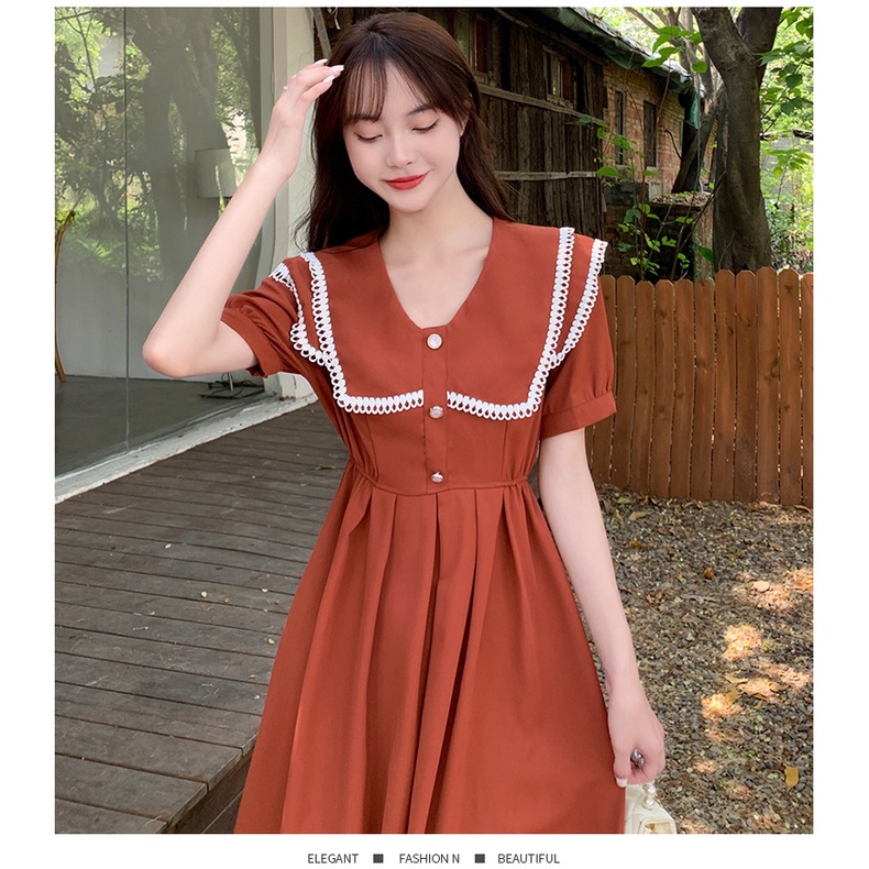 Váy đầm cổ xinh viền trắng dáng dài tay ngắn phong cách cổ điển kiểu Pháp