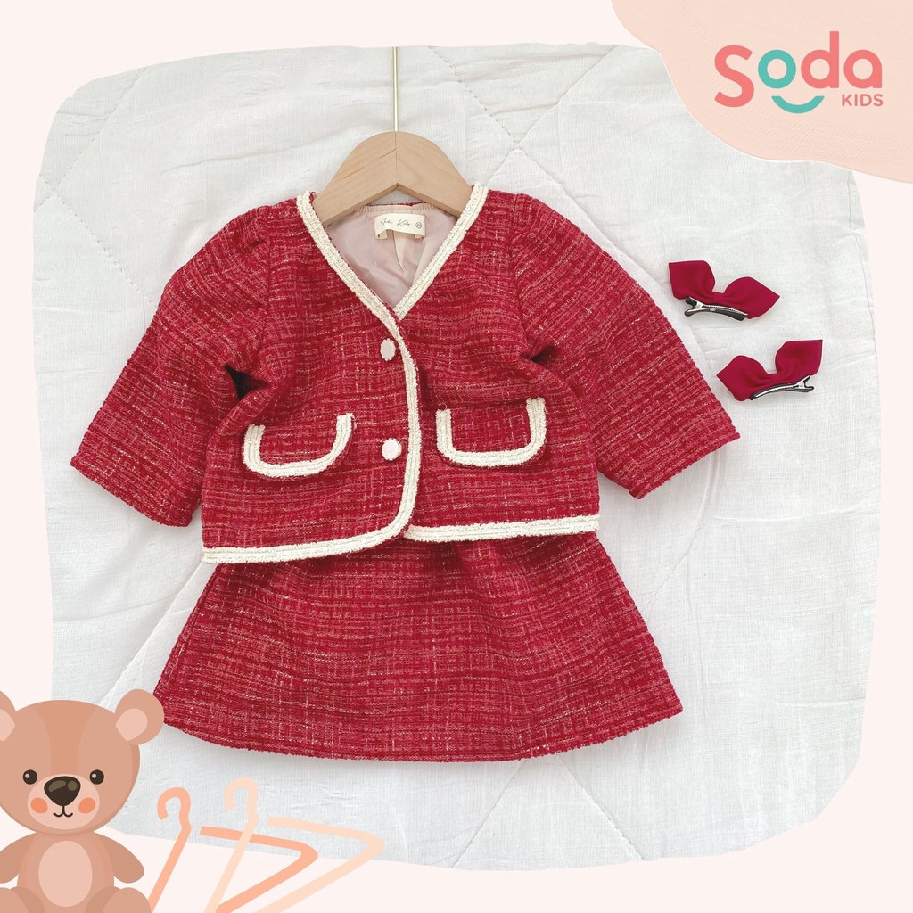 (Hàng thiết kế) Bộ áo khoác dạ đỏ kèm chân váy Thu Đông xinh tiểu thư