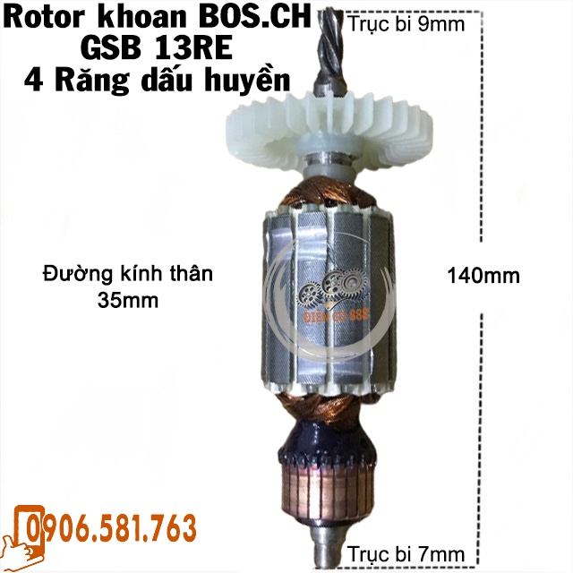 Rotor khoan BOSCH GSB 13RE  4 Răng Thân 34mm Dài 140mm dây đồng 220V  - Tặng chổi than
