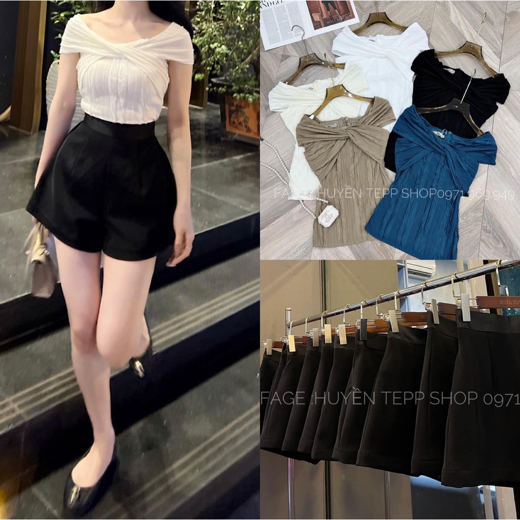 Áo thun cộc tay xốp trễ vai xoắn chéo ngực siêu sang chảnh