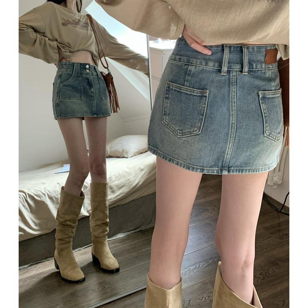 Chân Váy Denim Phối Nút Đôi Lưng Cao Phong Cách Retro Cá Tính 63792