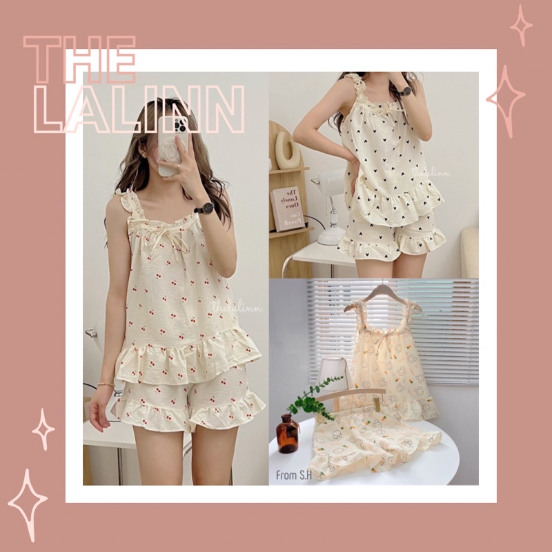 [ ẢNH THẬT ] Pyjama cánh tiên nơ hoạ tiết dễ thương. Bộ ngủ 2 dây phối nơ xinh xắn