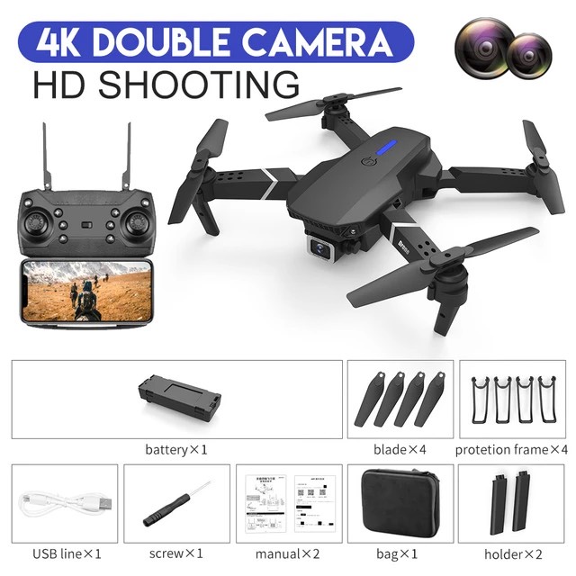 Flycam E88 Pro Drone 4K HD Camera Kép Có Định Vị 1080P WiFi Pin Khỏe Bay Xa 200M Máy bay mini giá rẻ