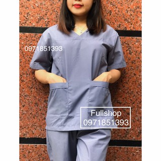 Bộ quần áo cổ tim kỹ thuật viên nữ màu Ghi Xám- bộ Scrubs bác sỹ, hộ lý, thẩm mỹ viện, spa